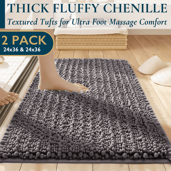 ComfiTime 2 Piece Bathroom Rugs Set – Luxury Chenille Shaggy Bath Rugs, Extra Soft & Thick, Absorbent Water, Non-Slip, Machine Washable, Bath Mats for Bath Floor,Tub and Shower, 24*36
