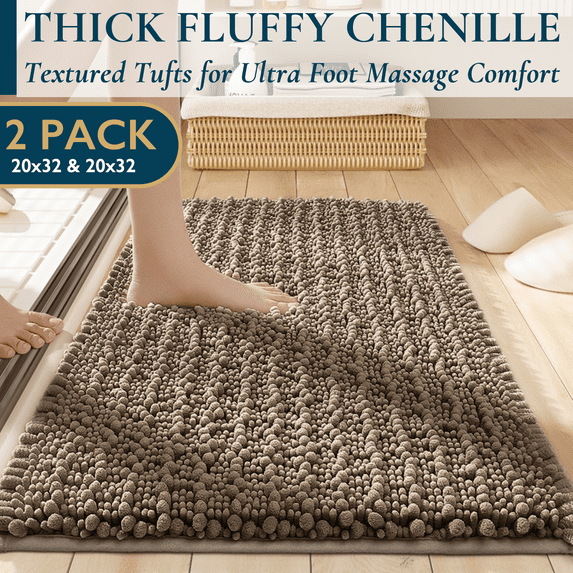 ComfiTime 2-Piece Bathroom Rug Set - 20*32 & 20*32 2000GSM Thick Slip-Resistant Chenille Bath Mat for Tub, Shower & Bathroom Floor, Machine Washable, Ultra Absorbent, Small or Long, Camel