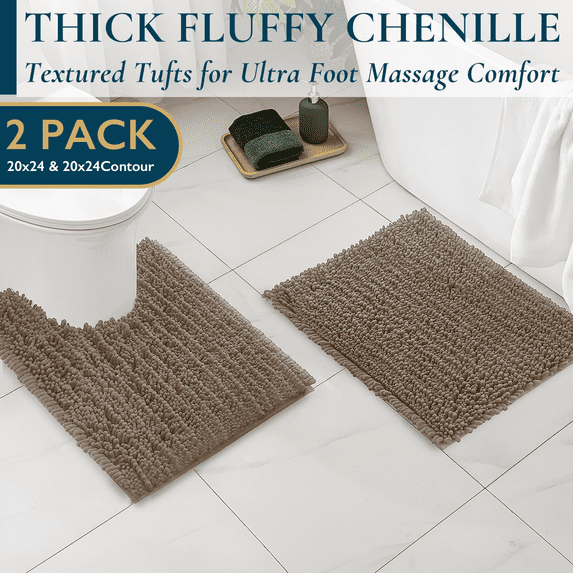ComfiTime 2-Piece Bathroom Rug Set - 20*24 & 20*24 2000GSM Thick Slip-Resistant Chenille Bath Mat for Tub, Shower & Bathroom Floor, Machine Washable, Ultra Absorbent, Small or Long, Camel
