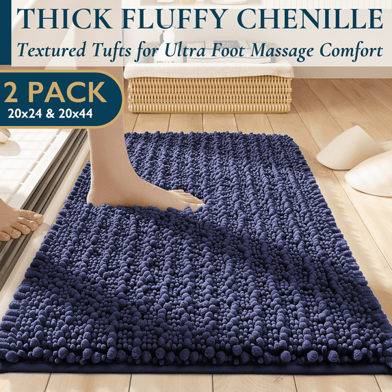 ComfiTime 2 Piece Bathroom Rugs Set – Luxury Chenille Shaggy Bath Rugs, Extra Soft & Thick, Absorbent Water, Non-Slip, Machine Washable, Bath Mats for Bath Floor,Tub and Shower, 20*24