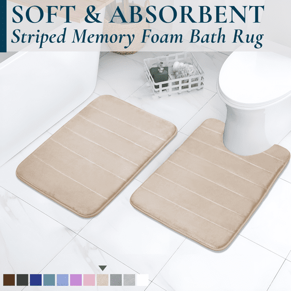 ComfiTime 2-Piece Memory Foam Bathroom Rug Set, Non-Slip Bath Mats for Bathroom Floor, Soft & Ultra Absorbent Shower Rug, Quick Dry Machine-Washable Bathmats, 17 x 24 & 20 x 24, Beige