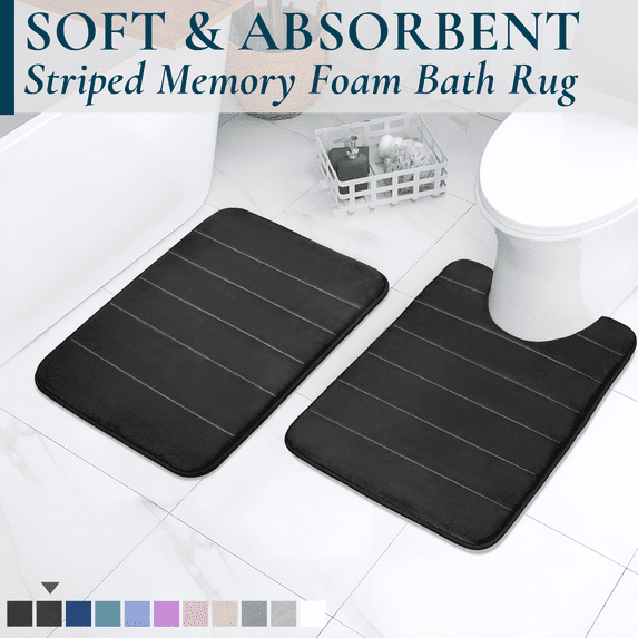 ComfiTime 2-Piece Memory Foam Bathroom Rug Set, Non-Slip Bath Mats for Bathroom Floor, Soft & Ultra Absorbent Shower Rug, Quick Dry Machine-Washable Bathmats, 17 x 24 & 20 x 24, Black