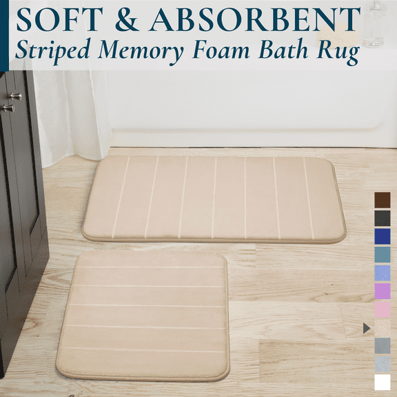 ComfiTime 2-Piece Memory Foam Bathroom Rug Set, Non-Slip Bath Mats for Bathroom Floor, Soft & Ultra Absorbent Shower Rug, Quick Dry Machine-Washable Bathmats, 17 x 24 & 20 x 32, Beige