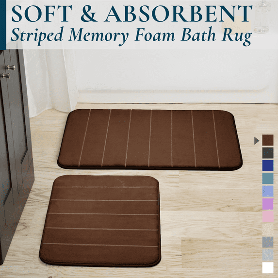 ComfiTime 2-Piece Memory Foam Bathroom Rug Set, Non-Slip Bath Mats for Bathroom Floor, Soft & Ultra Absorbent Shower Rug, Quick Dry Machine-Washable Bathmats, 17 x 24 & 20 x 32, Brown