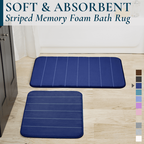ComfiTime 2-Piece Memory Foam Bathroom Rug Set, Non-Slip Bath Mats for Bathroom Floor, Soft & Ultra Absorbent Shower Rug, Quick Dry Machine-Washable Bathmats, 17 x 24 & 20 x 32, Denim Blue