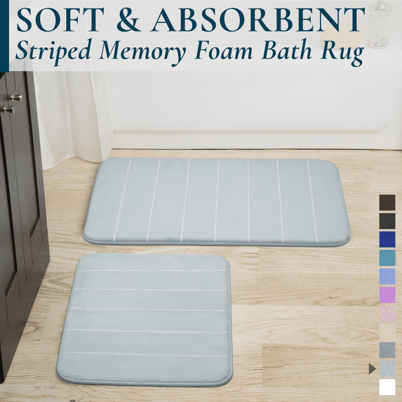 ComfiTime 2-Piece Memory Foam Bathroom Rug Set, Non-Slip Bath Mats for Bathroom Floor, Soft & Ultra Absorbent Shower Rug, Quick Dry Machine-Washable Bathmats, 17 x 24 & 20 x 32, Silver