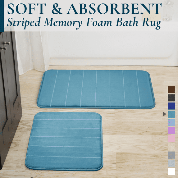 ComfiTime 2-Piece Memory Foam Bathroom Rug Set, Non-Slip Bath Mats for Bathroom Floor, Soft & Ultra Absorbent Shower Rug, Quick Dry Machine-Washable Bathmats, 17 x 24 & 20 x 32, Turquoise