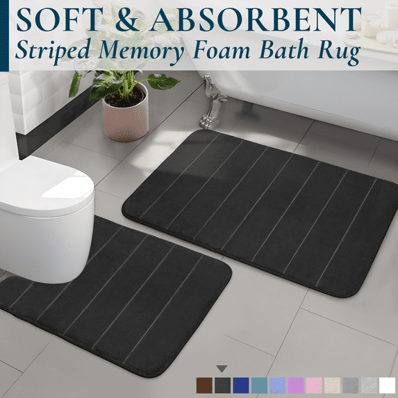ComfiTime 2-Piece Memory Foam Bathroom Rug Set, Non-Slip Bath Mats for Bathroom Floor, Soft & Ultra Absorbent Shower Rug, Quick Dry Machine-Washable Bathmats, 20 x 24 & 20 x 32, Black