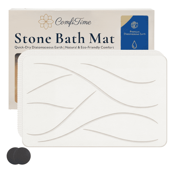 ComfiTime Stone Bath Mat, Super Absorbent & Fast Drying Diatomaceous Earth Shower Mat, None Slip Drying Mat for Bathroom Floor/Kitchen, Easy to Clean Bathroom Mat, 23.6" x 15.4", White