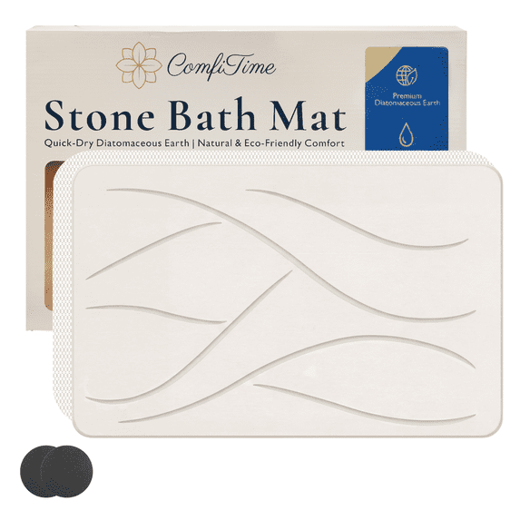 ComfiTime Stone Bath Mat, White 10 x 15 in, Super Absorbent Diatomaceous Earth Shower Mat
