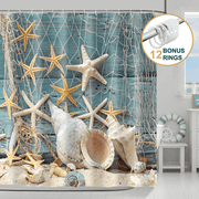 ComfiTime Beach Coastal Shower Curtain with Hooks – Heavy-Duty Mold/Mildew-Resistant, Weighted-Hem Fabric Bathroom Curtain, Water-Repellent, Machine-Washable, Fade-Resistant, Blue, 72 x 72
