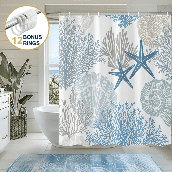 ComfiTime Beach Coastal Shower Curtain with Hooks – Heavy-Duty Mold/Mildew-Resistant, Weighted-Hem Fabric Bathroom Curtain, Water-Repellent, Machine-Washable, Fade-Resistant, Blue, 72 x 72