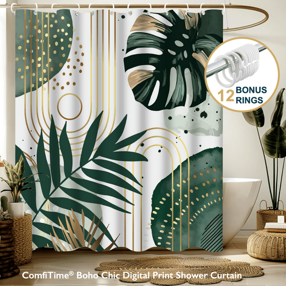 ComfiTime Boho Shower Curtain with Hooks – Heavy-Duty Mold/Mildew-Resistant, Weighted-Hem Fabric Bathroom Curtain, Water-Repellent, Machine-Washable, Fade-Resistant, 72 x 72