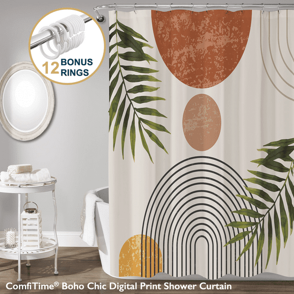 ComfiTime Boho Shower Curtain with Hooks – Heavy-Duty Mold/Mildew-Resistant, Weighted-Hem Fabric Bathroom Curtain, Water-Repellent, Machine-Washable, Fade-Resistant, Abstract Leaves Design, 72 x 72