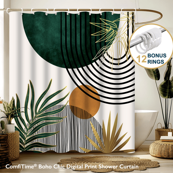 ComfiTime Boho Shower Curtain with Hooks – Heavy-Duty Mold/Mildew-Resistant, Weighted-Hem Fabric Bathroom Curtain, Water-Repellent, Machine-Washable, Fade-Resistant, 72 x 72
