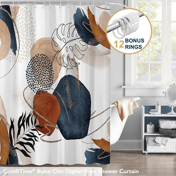 ComfiTime Boho Shower Curtain with Hooks – Heavy-Duty Mold/Mildew-Resistant, Weighted-Hem Fabric Bathroom Curtain, Water-Repellent, Machine-Washable, Fade-Resistant, Abstract Palm Design, 72 x 72