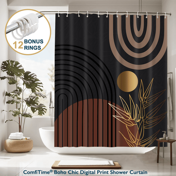 ComfiTime Boho Shower Curtain with Hooks – Heavy-Duty Mold/Mildew-Resistant, Weighted-Hem Fabric Bathroom Curtain, Water-Repellent, Machine-Washable, Fade-Resistant, 72 x 72