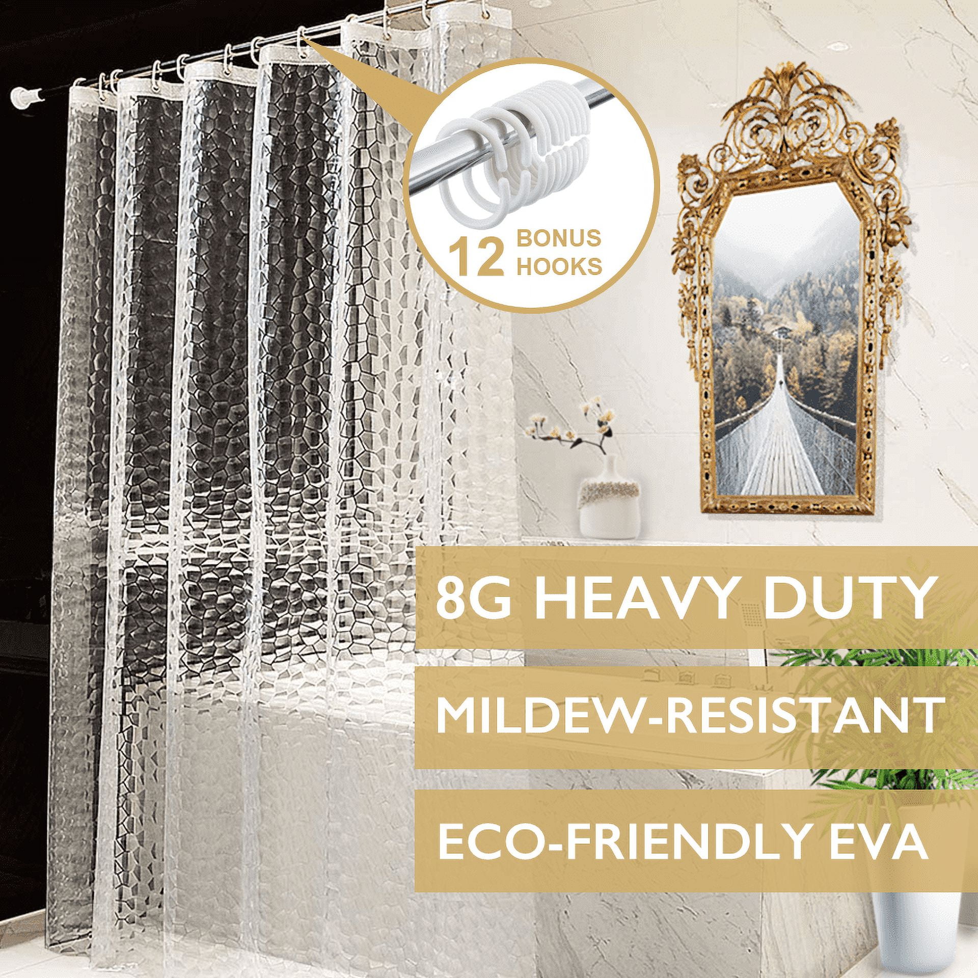 ComfiTime Clear Shower Curtain Liner  8G Heavy-Duty Mildew/Mold-Resistant Shower  Liner with Weighted Magnets, 100% EVA Vinyl, Rustproof Brass Grommets, 12  Bonus Hooks, Waterproof, 72 x 72, Clear 
