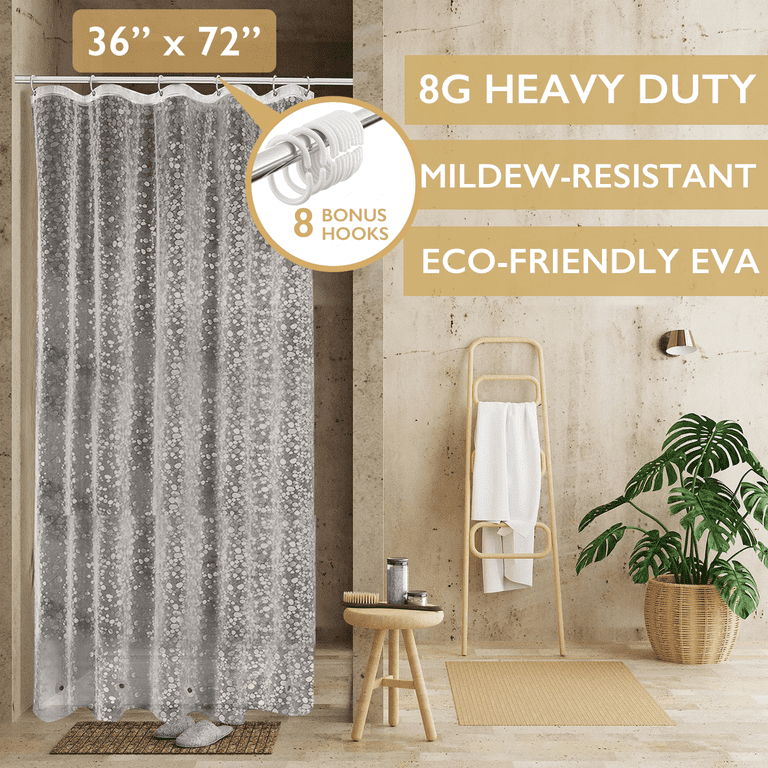 ComfiTime Clear Shower Curtain Liner  8G Heavy-Duty Mildew/Mold-Resistant Shower  Liner with Weighted Magnets, 100% EVA Vinyl, Rustproof Brass Grommets, 12  Bonus Hooks, Waterproof, 36 x 72, Clear 