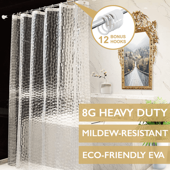ComfiTime Clear Shower Curtain Liner | 8G Heavy-Duty Shower Liner with Weighted Magnets, 100% EVA Vinyl, Rustproof Brass Grommets, 12 Bonus Hooks, Waterproof, 72" x 72", Clear