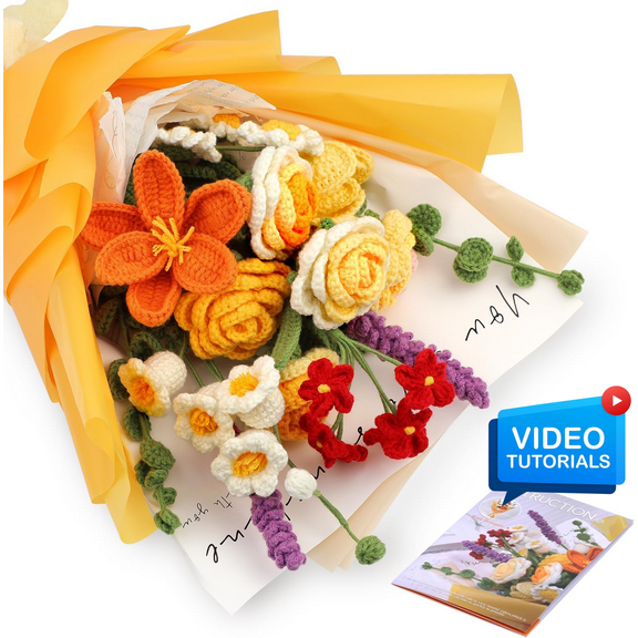 ComfiTime Crochet Kit for Beginners to Intermediate – Amigurumi Starter Kit w/ Video Tutorials & Step-by-Step Instructions, Complete Animal Craft Accessories for Adults & Kids,Yellow Flower Bouquet