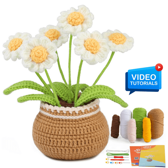ComfiTime Crochet Kit for Beginners to Intermediate – Amigurumi Starter Kit w/ Video Tutorials & Step-by-Step Instructions, Complete Animal Craft Accessories for Adults & Kids,Potted Daisy