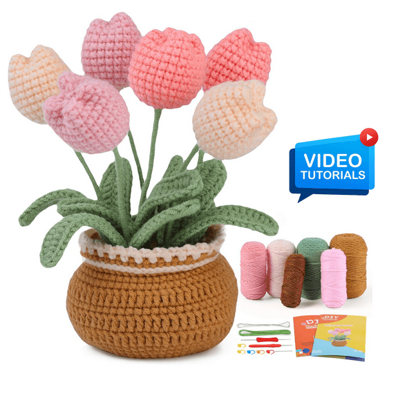ComfiTime Crochet Kit for Beginners to Intermediate – Amigurumi Starter Kit w/ Video Tutorials & Step-by-Step Instructions, Complete Animal Craft Accessories for Adults & Kids,Potted Tulip