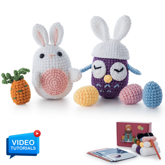 ComfiTime Crochet Kit for Beginners – Amigurumi Starter Kit w/ Video Tutorials & Step-by-Step Instructions, Complete Animal Craft Accessories for Adults, Kids & Gift Giving, Owl & Bunny
