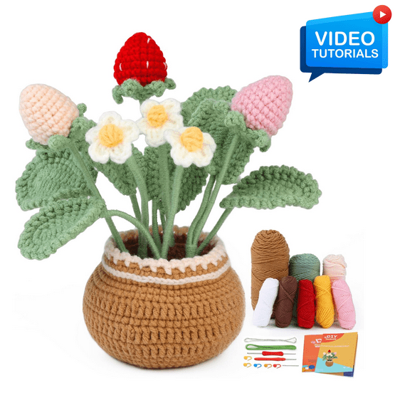 ComfiTime Crochet Kit for Beginners to Intermediate – Amigurumi Starter Kit w/ Video Tutorials & Step-by-Step Instructions, Complete Animal Craft Accessories for Adults & Kids,Potted Strawberry