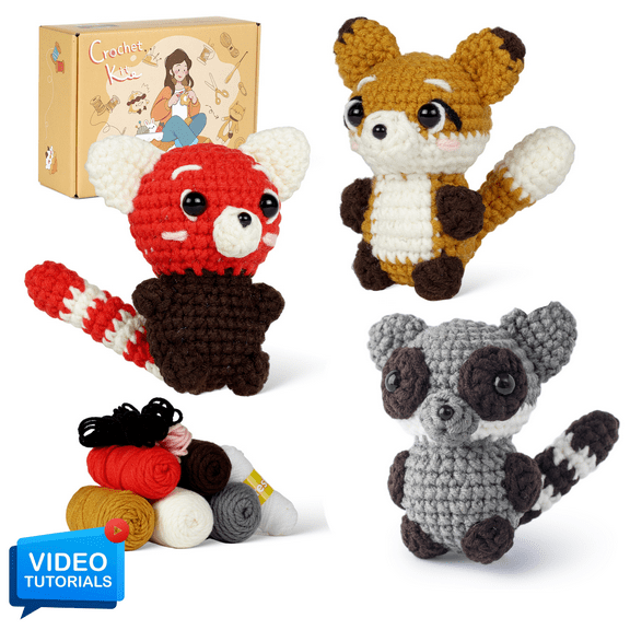 ComfiTime Crochet Kit for Beginners to Intermediate – Amigurumi Starter Kit w/ Video Tutorials & Step-by-Step Instructions, Complete Animal Craft Accessories for Adults, Kids, Red Panda/Raccoon/Fox