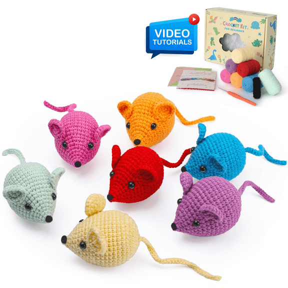 ComfiTime Crochet Kit for Beginners – Amigurumi Starter Kit w/ Video Tutorials & Step-by-Step Instructions, Complete Animal Craft Accessories for Adults, Kids & Gift Giving, Rainbow Mice Set