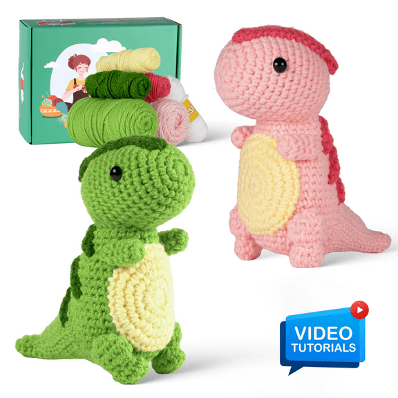 ComfiTime Crochet Kit for Beginners to Intermediate – Amigurumi Starter Kit w/ Video Tutorials & Step-by-Step Instructions, Complete Animal Craft Accessories for Adults, Kids & Gift Giving,Dinosaurs