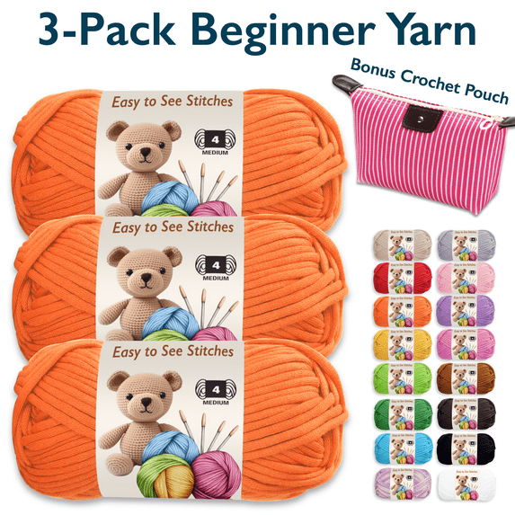 ComfiTime 3-Pack Beginner Crochet Yarn – Easy-to-See Stitches, No Fray/Split, Worsted Weight #4, Soft Tube Yarn, Amigurumi Craft Medium Knitting Yarn, 55 Yds/Skein, Waterproof Pouch Included, Orange