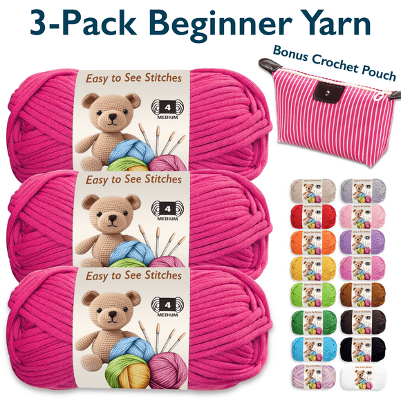 ComfiTime 3-Pack Beginner Crochet Yarn – Easy-to-See Stitches, No Fray/Split, Worsted Weight #4, Soft Tube Yarn, Amigurumi Craft Medium Knitting Yarn, 55 Yds/Skein, Waterproof Pouch Included, Pink