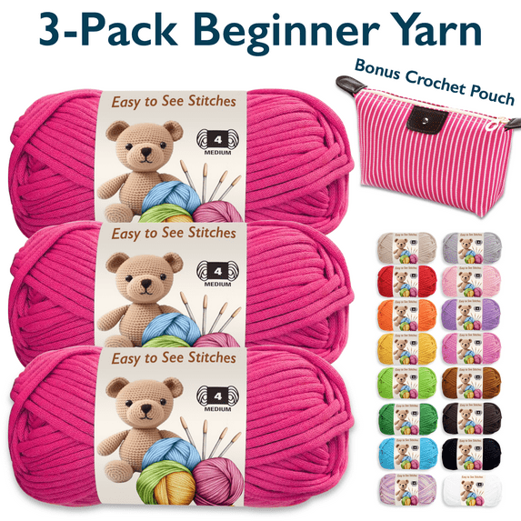 ComfiTime 3-Pack Beginner Crochet Yarn – Easy-to-See Stitches, No Fray/Split, Worsted Weight #4, Soft Tube Yarn, Amigurumi Craft Medium Knitting Yarn, 55 Yds/Skein, Waterproof Pouch Included, Pink