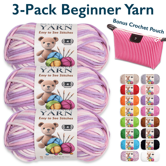 ComfiTime 3-Pack Beginner Crochet Yarn – Easy-to-See Stitches, No Fray/Split, Worsted Weight #4, Soft Tube Yarn, Amigurumi Craft Medium Knitting Yarn, 55 Yds/Skein, Waterproof Pouch Included