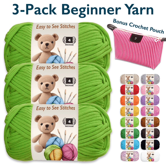 ComfiTime 3-Pack Beginner Crochet Yarn – Easy-to-See Stitches, No Fray/Split, Worsted Weight #4, Soft Tube Yarn, Amigurumi Craft Medium Knitting Yarn, 55 Yds/Skein, Waterproof Pouch Included, Lime