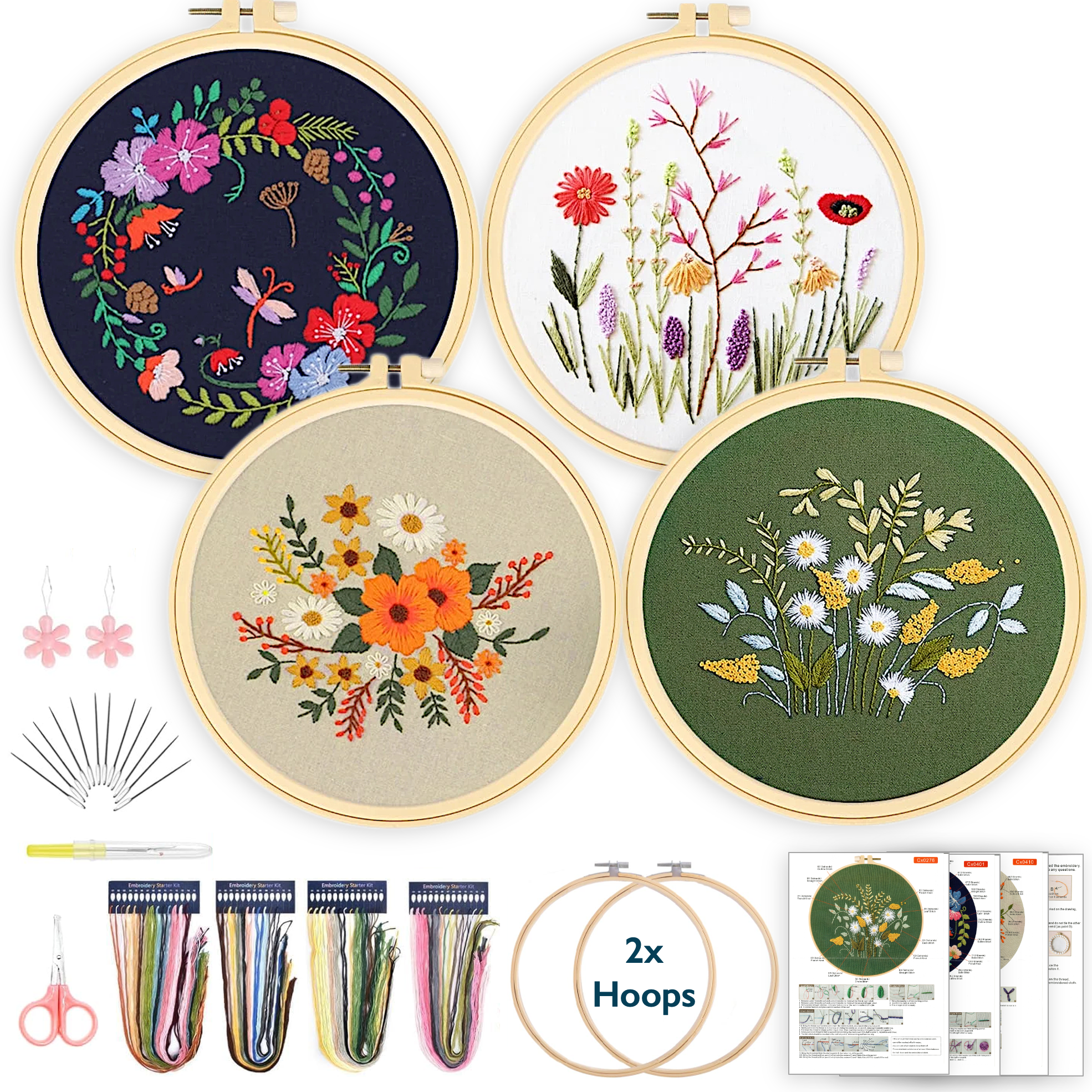ComfiTime Embroidery Kit for Beginners to Adults, 4 Floral Patterns ...