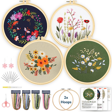 ComfiTime Embroidery Kit for Beginners to Adults – 4 Stamped Floral Patterns, Easy Arts & Crafts with 2 Hoops, Threads/Floss, Needles, Scissors & Instructions, Handmade Gifts