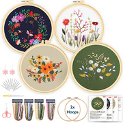 ComfiTime Embroidery Kit for Beginners to Adults   4 Stamped Floral Patterns, Easy Arts & Crafts with 2 Hoops, Threads/Floss, Needles, Scissors & Instructions, Handmade Gifts