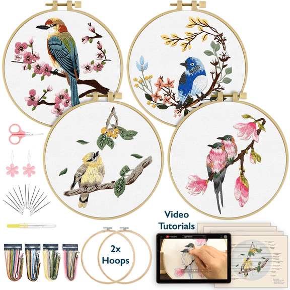 ComfiTime Embroidery Kit for Beginners to Intermediate Adults – 4 Stamped Floral & Birds Patterns, Easy Arts & Crafts with 2 Hoops, Threads/Floss, Needles, Scissors & Instructions, Handmade Gifts