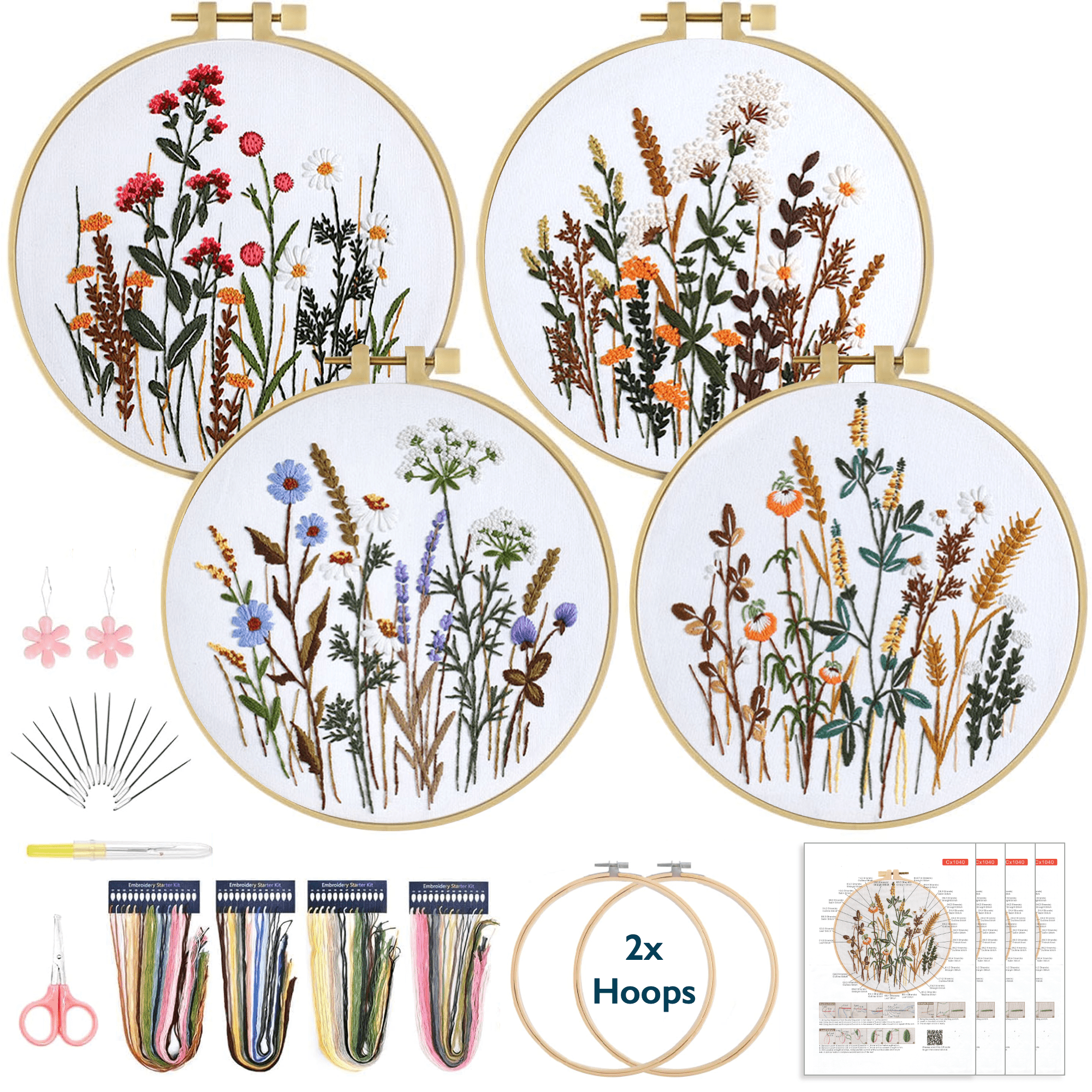 ComfiTime, Embroidery Kit, 4 Set, Floral Patterns for Beginners ...