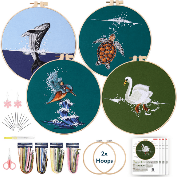 ComfiTime Embroidery Kit for Beginners to Intermediate Adults – 4 Stamped Animal Patterns, Easy Arts & Crafts with 2 Hoops, Threads/Floss, Needles, Scissors & Instructions, Handmade Gifts