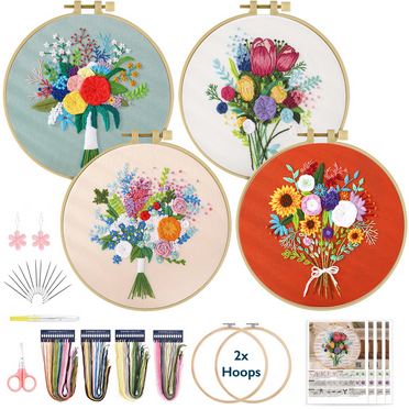 ComfiTime Embroidery Kit for Beginners to Adults – 4 Stamped Floral Patterns, Easy Arts & Crafts with 2 Hoops, Threads/Floss, Needles, Scissors & Instructions, Handmade Gifts