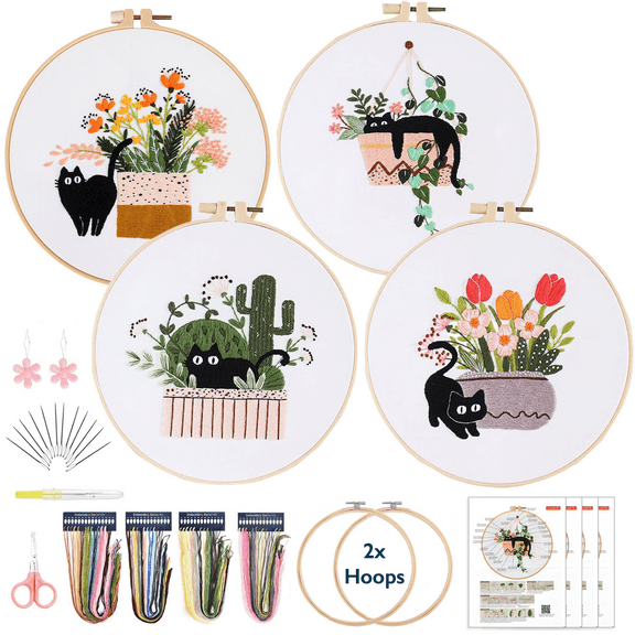ComfiTime Embroidery Kit for Beginners to Intermediate Adults – 4 Stamped Cats Patterns, Easy Arts & Crafts with 2 Hoops, Threads/Floss, Needles, Scissors & Instructions, Handmade Gifts