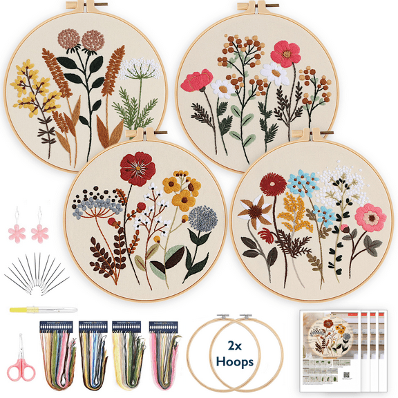ComfiTime Embroidery Kit for Beginners to Intermediate Adults – 4 Stamped Floral Patterns, Easy Arts & Crafts with 2 Hoops, Threads/Floss, Needles, Scissors & Instructions, Handmade Gifts