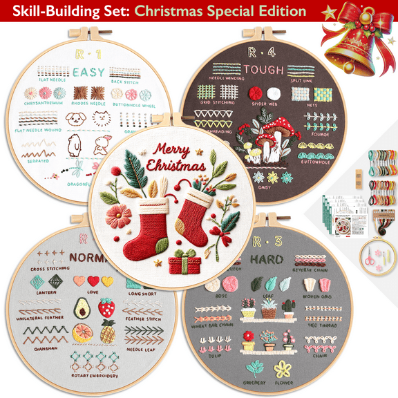 ComfiTime Christmas Embroidery Kit for Beginners – 5 Skill-Building Levels, Starter Kit for Kids & Adults, Stamped Basic Stitch Patterns with Hoop, Easy Arts & Crafts, Threads/Floss, Needlepoint Kit