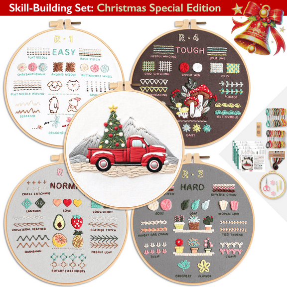 ComfiTime Christmas Embroidery Kit for Beginners – 5 Skill-Building Levels, Starter Kit for Kids & Adults, Stamped Basic Stitch Patterns with Hoop, Easy Arts & Crafts, Threads/Floss, Needlepoint Kit