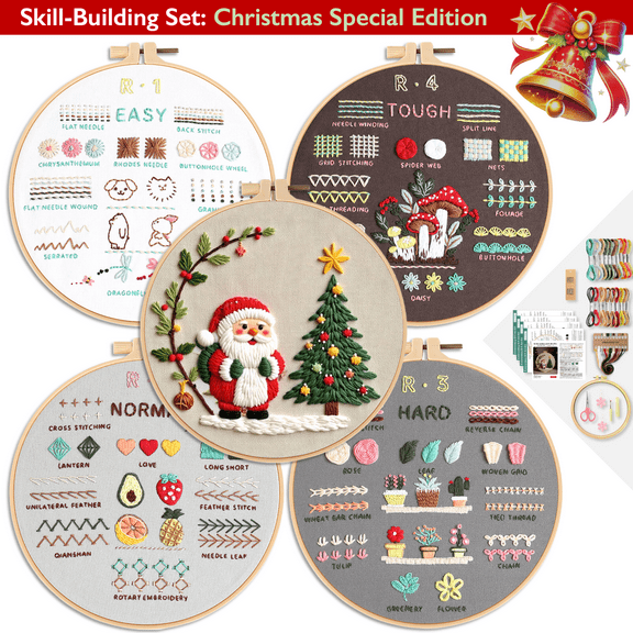 ComfiTime Christmas Embroidery Kit for Beginners – 5 Skill-Building Levels, Starter Kit for Kids & Adults, Stamped Basic Stitch Patterns with Hoop, Easy Arts & Crafts, Threads/Floss, Needlepoint Kit