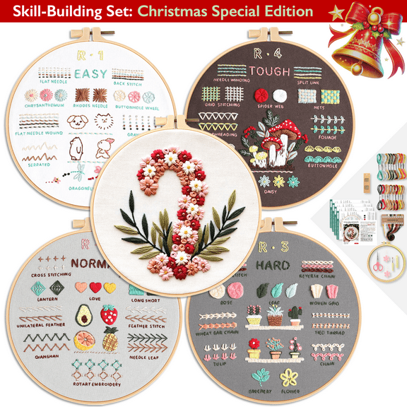 ComfiTime Christmas Embroidery Kit for Beginners – 5 Skill-Building Levels, Starter Kit for Kids & Adults, Stamped Basic Stitch Patterns with Hoop, Easy Arts & Crafts, Threads/Floss, Needlepoint Kit